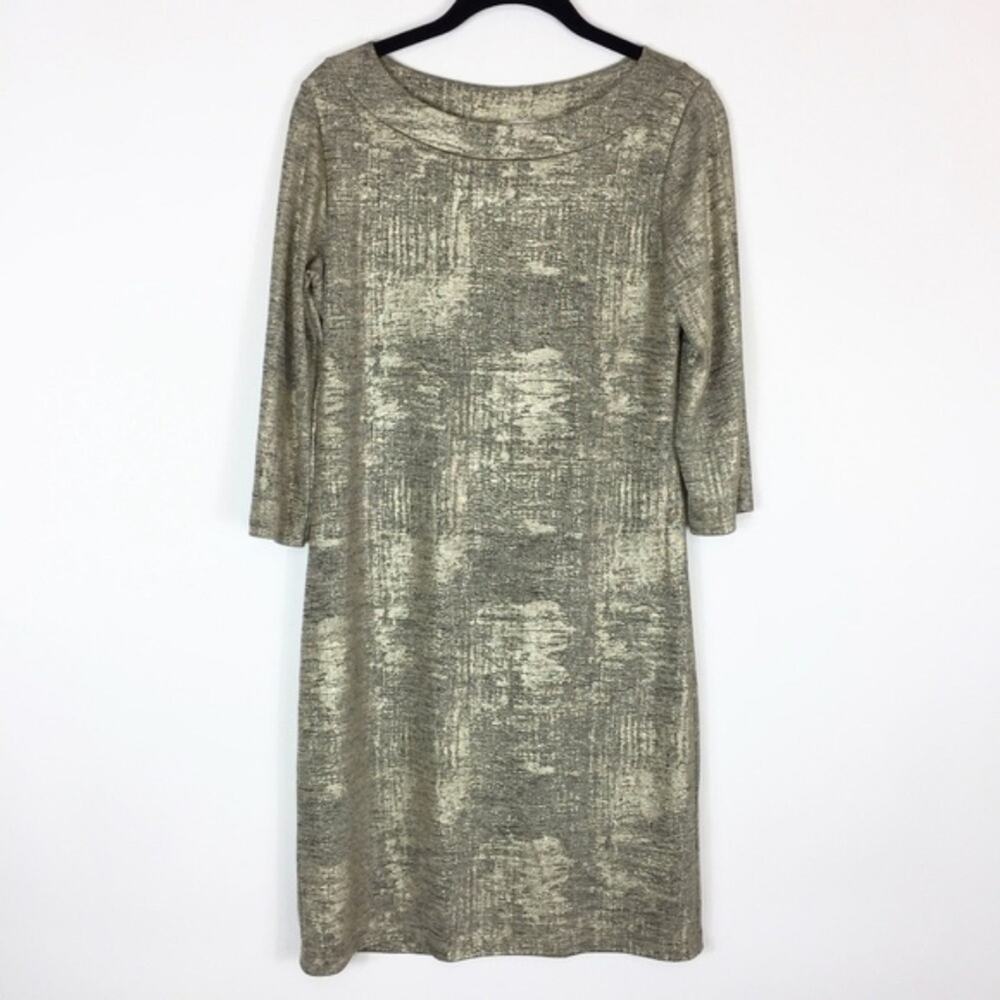 Papillon Blanc Dress Size Medium Shiny Gold 3/4 Sleeve Slinky Holiday Stretchy